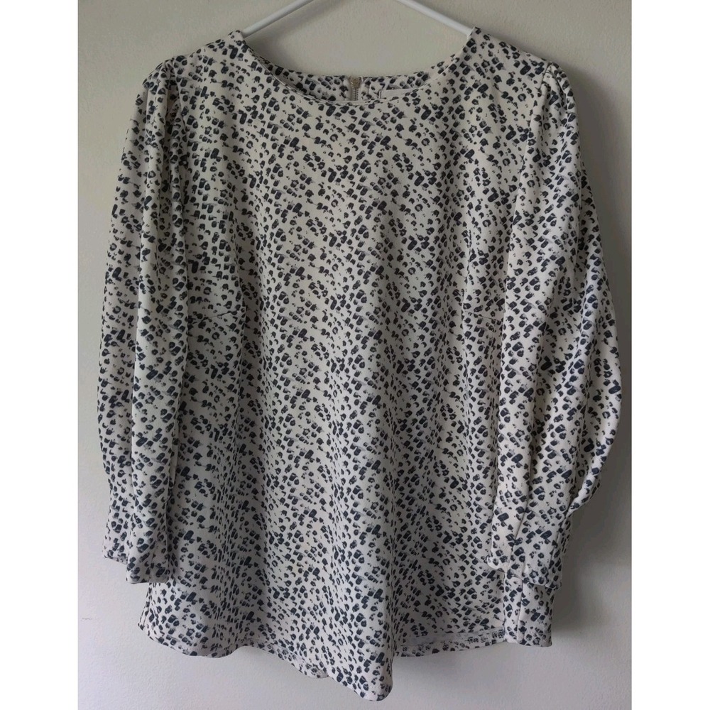 Melloday Women's White Black Geometric Print Round Neck Zip 3/4 Sleeve Blouse L